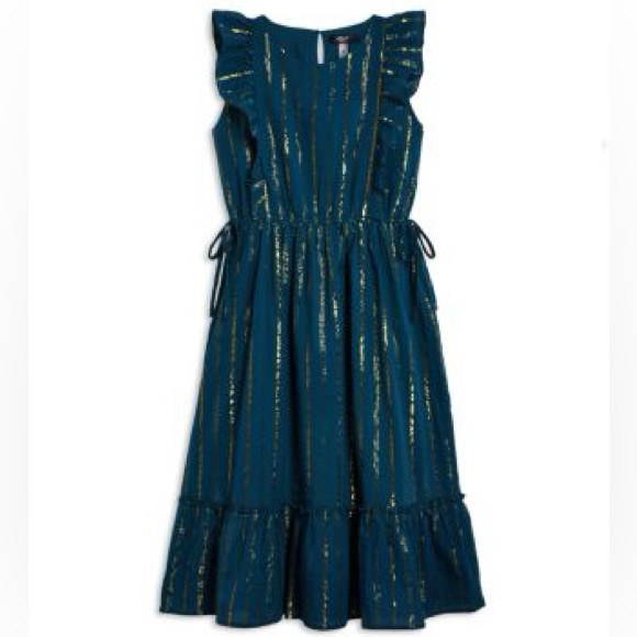 Bloomindales AQUA Girls' NWT Metallic Stripe Midi Dress Teal/Gold Size M